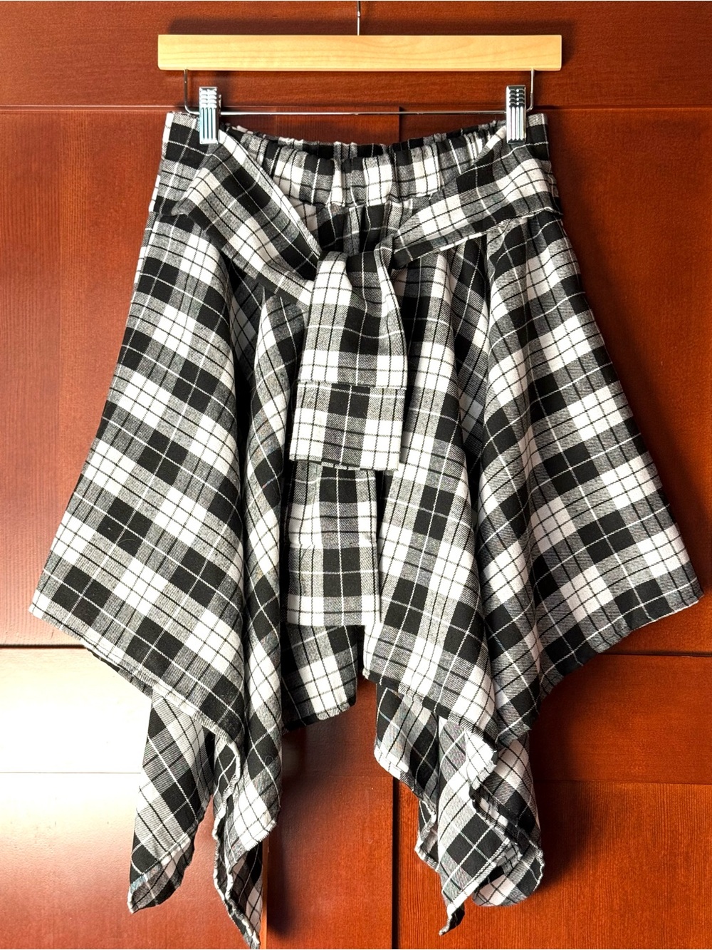 Black & White Plaid Asymmetrical Skater Skirt Tie Waist Grunge Size Large